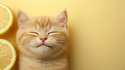 Adorable Ginger Kitten with Lemons on Yellow Background