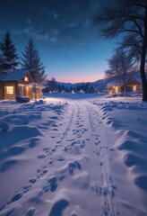 Evening sky with a blue glow and Christmas lights shining brightly on the snow-covered ground, snowy ground, evening sky
