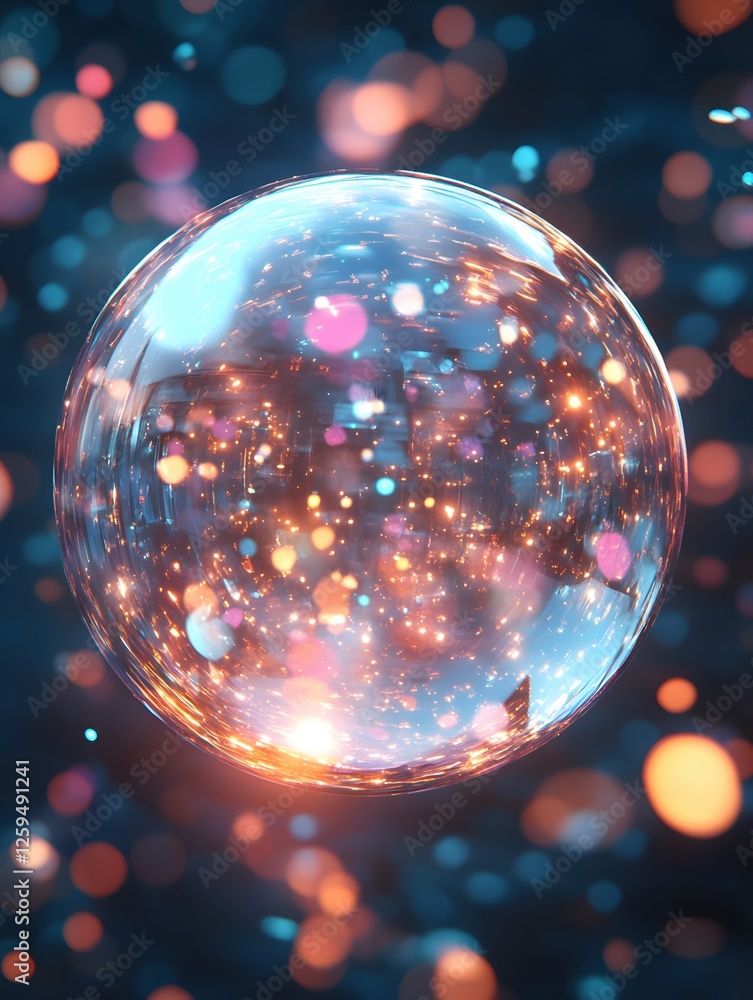 Poster abstract glass sphere with sparkling light reflections on a dark bokeh background art