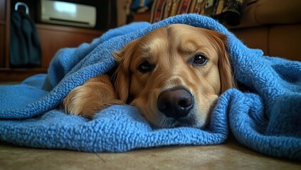 Golden Retriever Puppy Sleeps Under Blue Blanket, Cozy Comfort, Peaceful Rest, Adorable Dog, Sweet Dreams, Happy Canine, Fluffy Fur, Relaxing Pet, Home Comfort, Soft Texture
