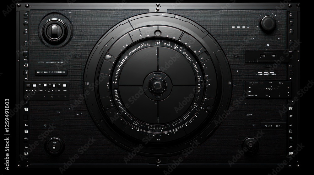 Poster dark futuristic control panel interface, targeting system, spaceship bridge, sci-fi background, ui d