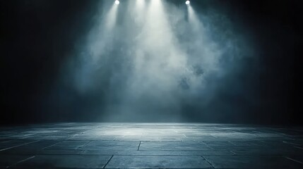 A dark room with a concrete floor and a spotlight. Suitable for dramatic or mysterious themed designs, theater and event promotion, and creative storytelling visuals. empty dark blue room	
