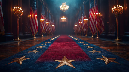 A long corridor hall decorated with American flags and red, blue  and gold stars carpet for Presidents' Day backdrop banner background