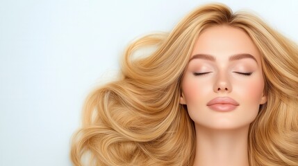 Naklejka premium Serene Blonde Woman With Long Wavy Hair On Light Gray Background