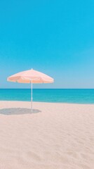 Fototapeta premium Relaxing day at the beach with pink umbrella seaside sunny atmosphere wide angle serenity