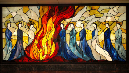 Stained glass depiction of a group of people with a flame behind them, featuring a color palette of light blue, red, and yellow