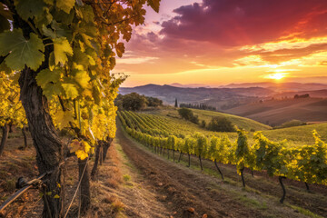 Naklejka premium Golden vineyards at sunset with rolling hills and vibrant sky