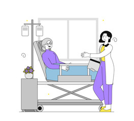 Doctor visiting elderly patient in hospital bed. 