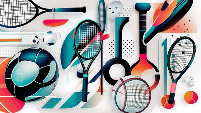 Sports Equipment Collage: A vibrant and dynamic collage featuring a diverse array of sports equipment, including tennis rackets, a soccer ball, a badminton racket, and a basketball.