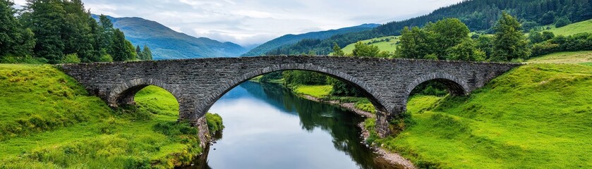 A picturesque stone bridge arches over a serene river, surrounded by lush greenery and rolling hills under a cloudy sky.