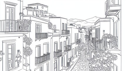 Mediterranean street scene, buildings, balconies, plants, hills, coloring book