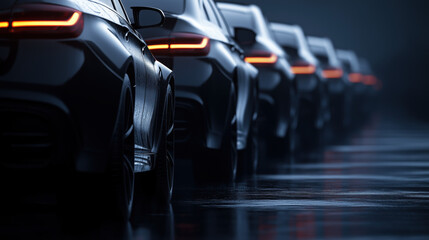 Black electric sedan cars standing, parking in a row. Fleet of generic modern Luxury cars consisting of generic brandless design in new electric car showroom for display