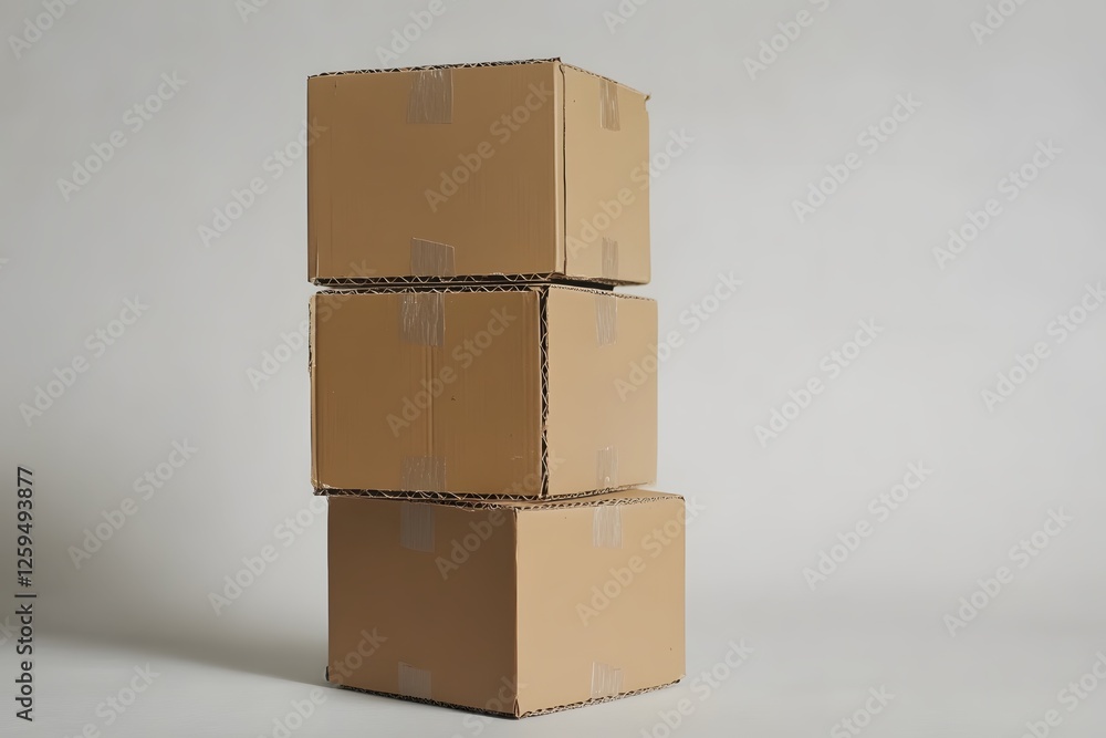 Poster stack of three cardboard boxes on a neutral background ready for shipping or moving