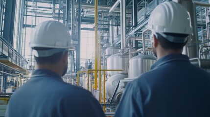 Industrial plant. Workers monitoring chemical processing equipment. Highlighting chemical engineering and safety protocols. Ideal for industrial safety training.