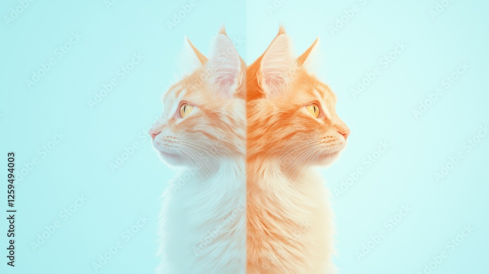 Poster dynamic portrait of a cat split in two studio digital art bright colors profile view artistic concep
