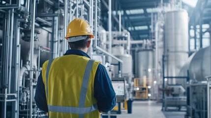 Industrial plant. Workers monitoring chemical processing equipment. Highlighting chemical engineering and safety protocols. Ideal for industrial safety training.