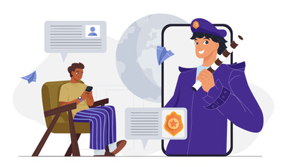 Man using smartphone chatting with virtual police officer on screen. 