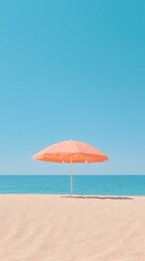 Relaxing beach scene with orange umbrella coastal shoreline sunny day tranquil atmosphere