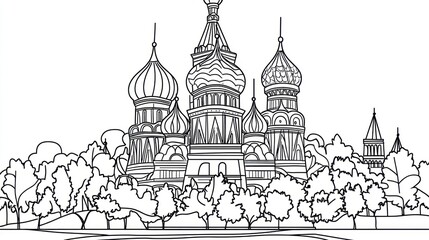 Cathedral, Moscow, Russia, trees, coloring page, illustration