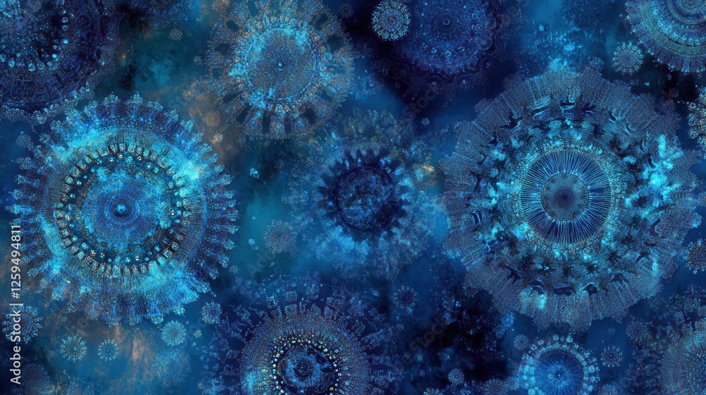 Poster intricate cyan luminous ornate circle pattern on dark gradient backdrop