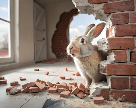 Osterhase schaut neugierig aus einem Mauerloch in leerem Raum