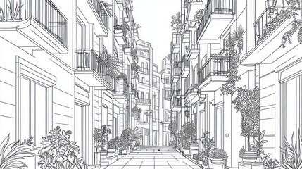 Narrow European street architectural sketch, plants, balconies, design