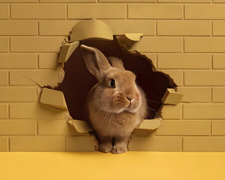 Osterhase durchbricht gelbe Wand in kreativer Darstellung