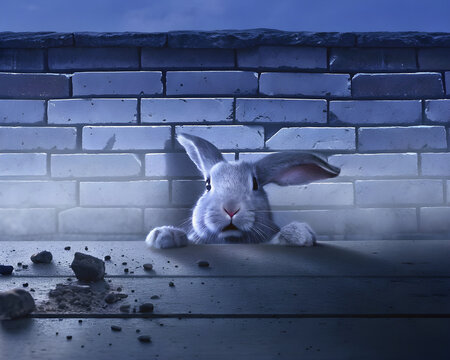 Osterhase schaut aus einem zerst&ouml;rten Mauerloch hervor