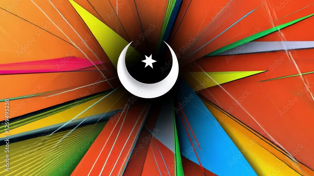 Poster crescent moon in abstract: a vibrant, abstract background with a burst of colors and sharp geometric