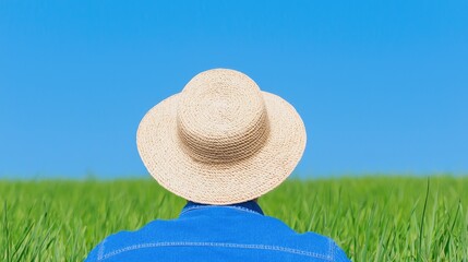 Person in straw hat, enjoying nature, serene field, outdoor relaxation, possible use for wallpaper or poster