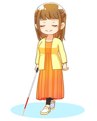白杖を使って歩く女性