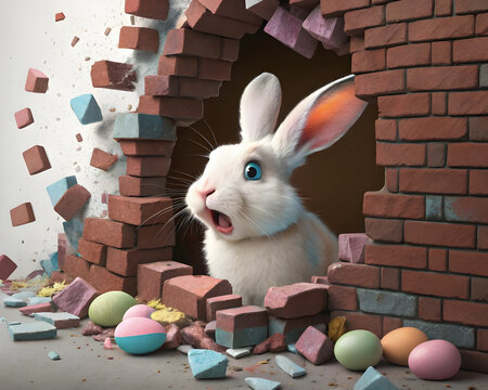 Osterhase bricht durch die Wand mit bunten Eiern