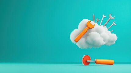 Illustration of a cloud icon with tools hovering above it, representing remote support