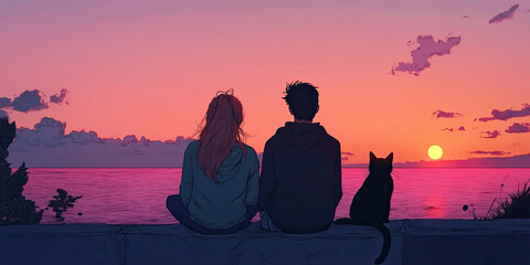 Anime teenage couple with pet cat, sunset ocean view, romantic background, scenic seaside backdrop

