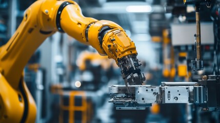 Industrial robot arm assembling a car part. In a modern factory. Highlighting advanced manufacturing technology. Ideal for industrial automation advertisements.