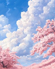 Blooming cherry blossoms under a blue sky nature scene artistic viewpoint vibrant colors