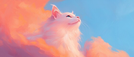 Obraz premium Dreamy cat gazing at colorful clouds fantasy landscape illustration magical atmosphere side view