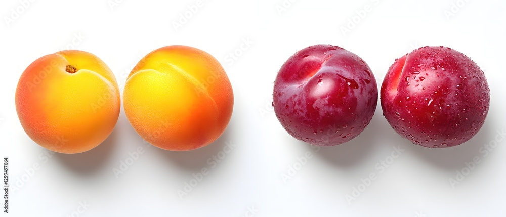 Poster fresh apricots and plums displayed on a clean white background in a minimalist style