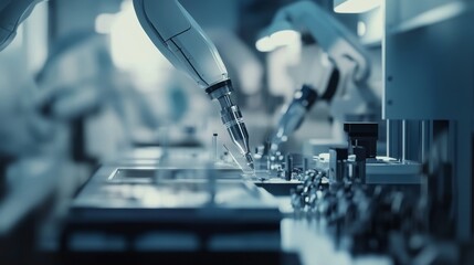 Industrial robotics lab. Engineers and technicians working on automation and robotic systems. Emphasizing innovation and precision in industrial robotics. Ideal for robotics industry features.