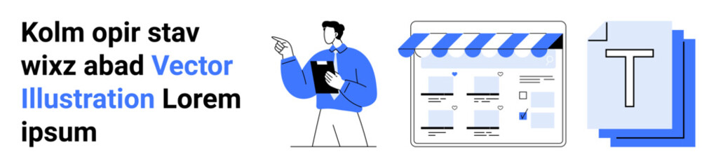 Man holding clipboard presenting, webpage template design with storefront awning, and layered document files. Ideal for business presentations, website design, content management, educational