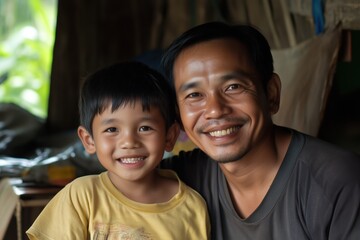 Father and Son Smiles: A heartwarming portrait of a father and son, beaming with genuine happiness and shared joy, captured in a moment of pure connection.