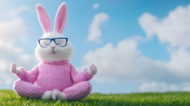 A charming bunny in a pink sweater practices yoga on a sunny day, radiating tranquility and joy in a blissful outdoor setting.