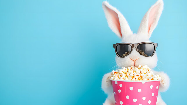 A quirky bunny in sunglasses enjoys a bowl of popcorn, perfectly set against a bright blue backdrop, ready for a fun movie night experience!