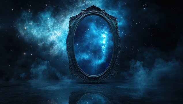 Cosmic Reflection: A Mystical Ornate Mirror Reflecting a Nebula and Stars