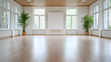 Bright empty room with large windows, hardwood floor, ideal for presentations