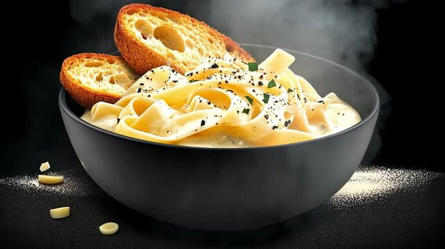 Creamy Fettuccine with Garlic Bread: A steaming bowl of fettuccine pasta bathed in a creamy sauce, topped with freshly grated parmesan cheese and accompanied by two slices of toasted garlic bread.