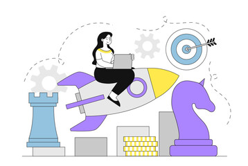 Businesswoman riding rocket symbolizing startup growth. 
