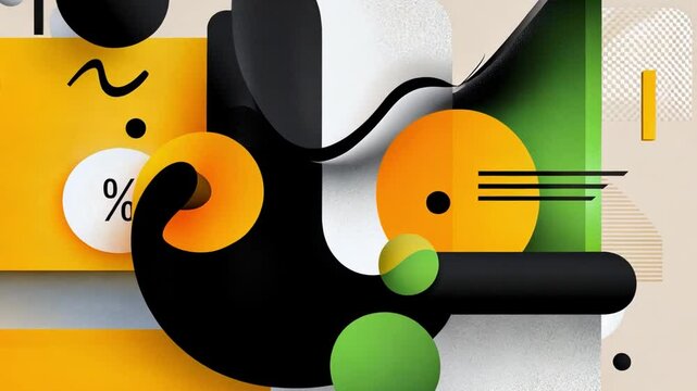 Abstract Orange and Black Composition: A vibrant, modern abstract artwork featuring bold orange, black, and green shapes.  The design incorporates playful curves, geometric forms.