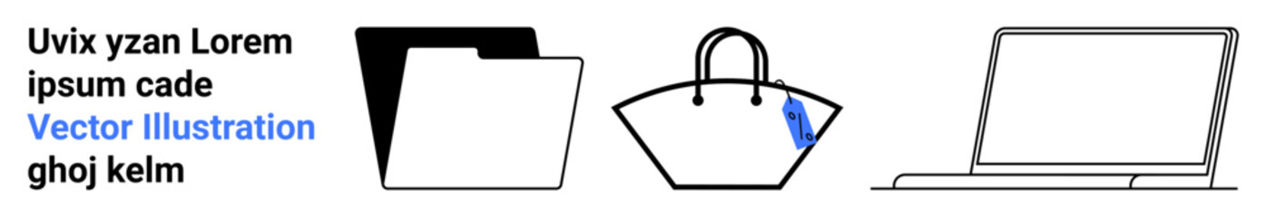 File folder, handbag with tag, and laptop outline symbols. Ideal for organization, retail, business, productivity, digital tools shopping platforms and workspace concepts. Clean flat landing page