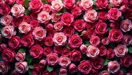 Naklejka premium Vibrant rose wall, lush blooms, romantic backdrop, nature, bloom, background